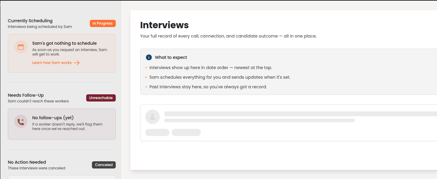 Sam AI interviewer scheduling UI